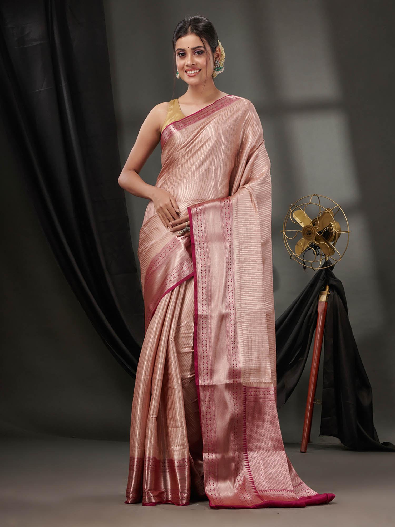 nude pink blended silk handwoven saree with woven zari designs & unstitched blouse