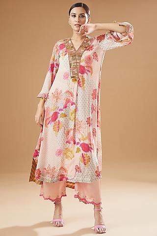 nude pink crepe embroidered & printed kurta set