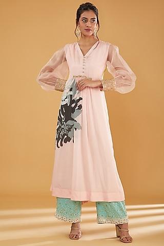 nude pink crepe printed kurta set