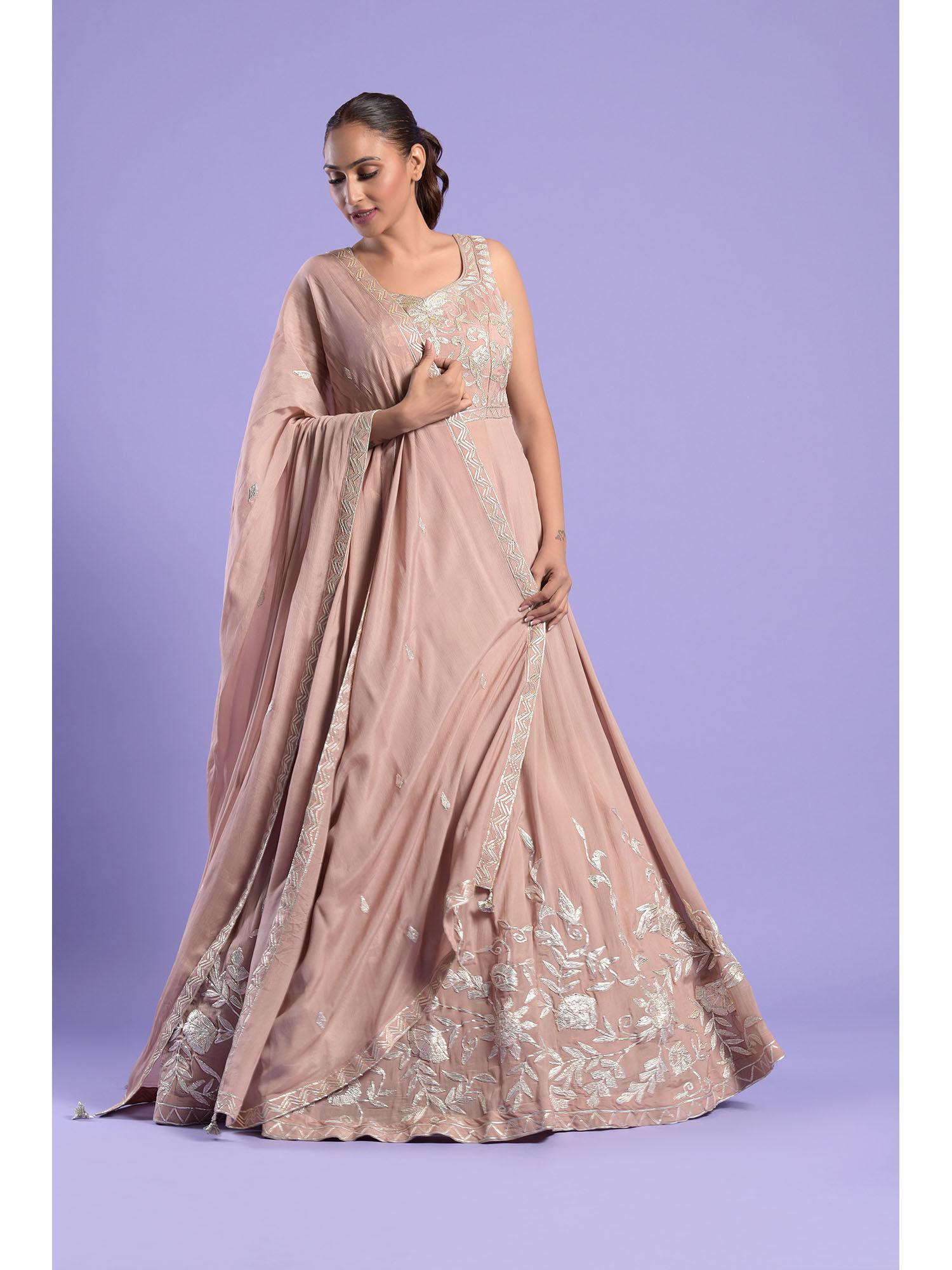 nude pink embellished silk anarkali kurta & dupatta (set of 2)