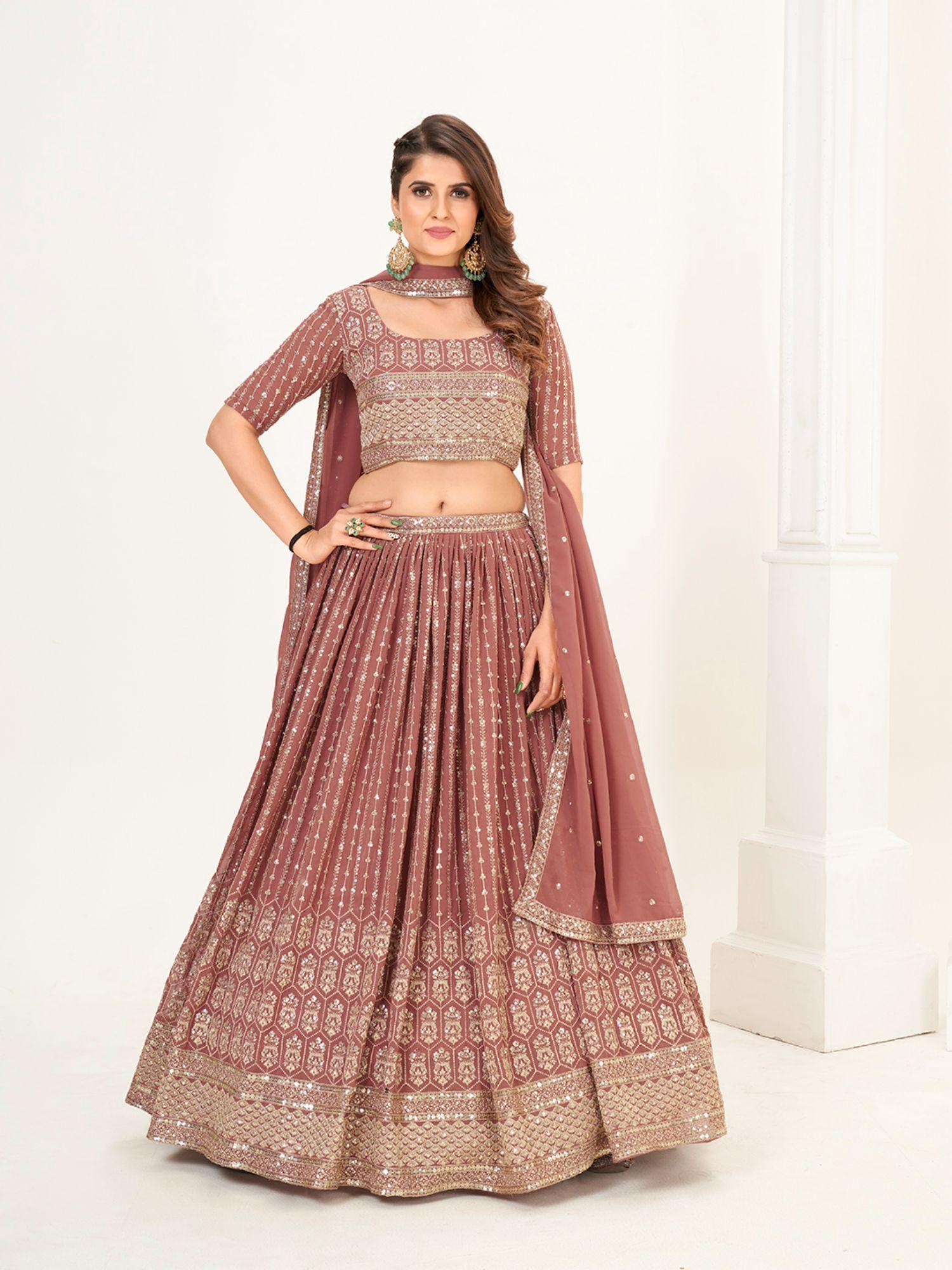 nude pink georgette semi stitched lehenga & unstitch blouse with dupatta (set of 3)