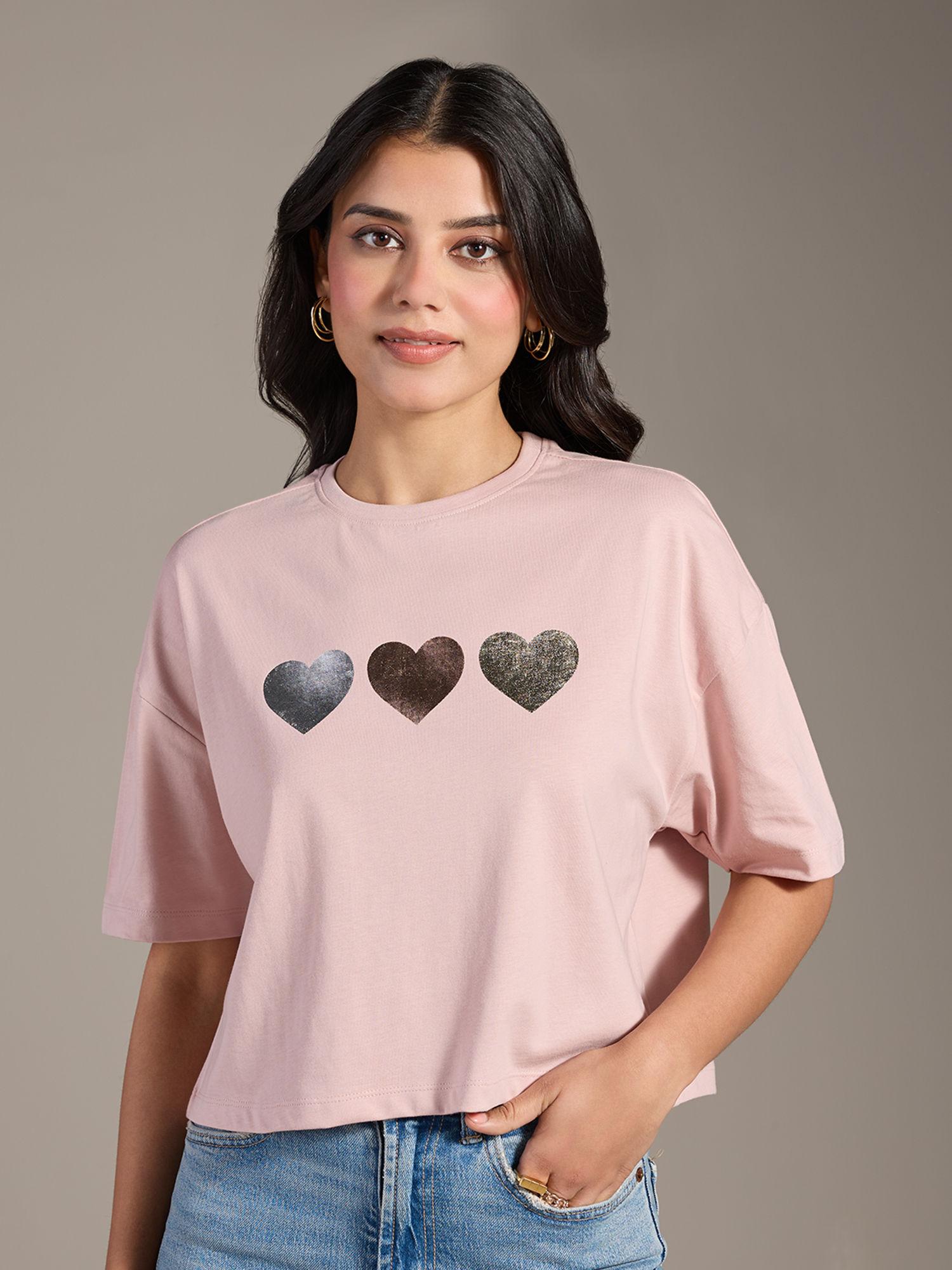 nude pink heart graphic print t-shirt