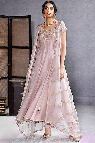 nude pink machine & hand embroidered anarkali set