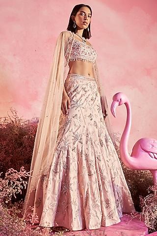 nude pink mesh hand embroidered lehenga set