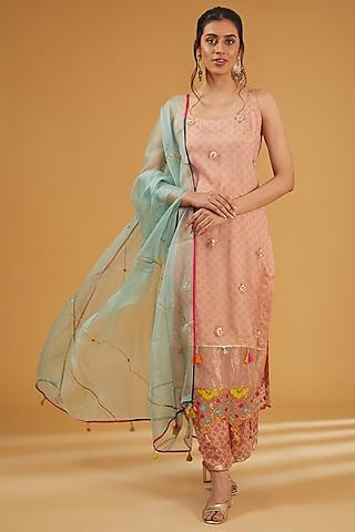 nude pink organza hand embroidered & printed kurta set