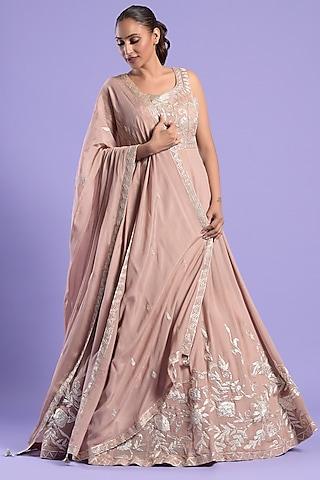 nude pink silk embellished anarkali set