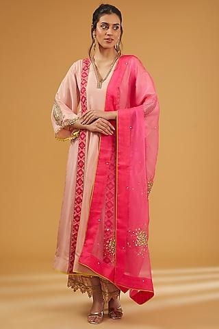 nude pink silk hand embroidered kalidar kurta set