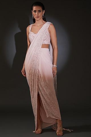 nude pink viscose embroidered draped saree set