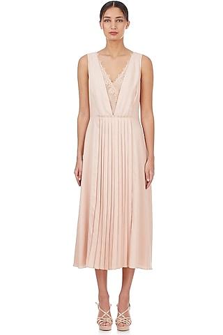 nude pleated midi dress