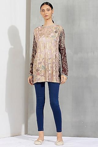 nude printed & embroidered panelled tunic