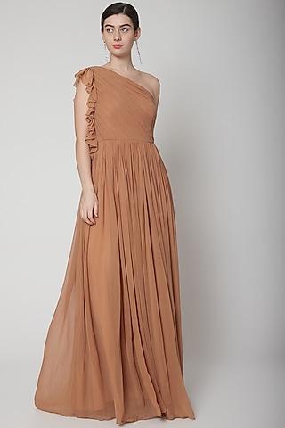 nude ruffled gown with ruching