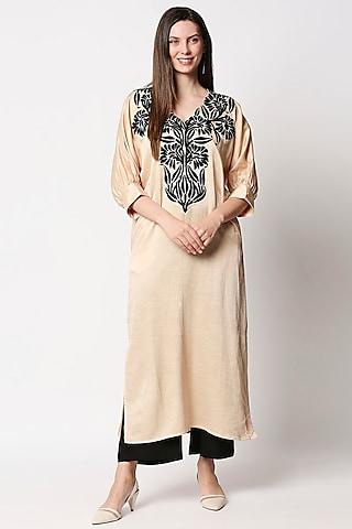 nude satin linen embroidered kaftan kurta set