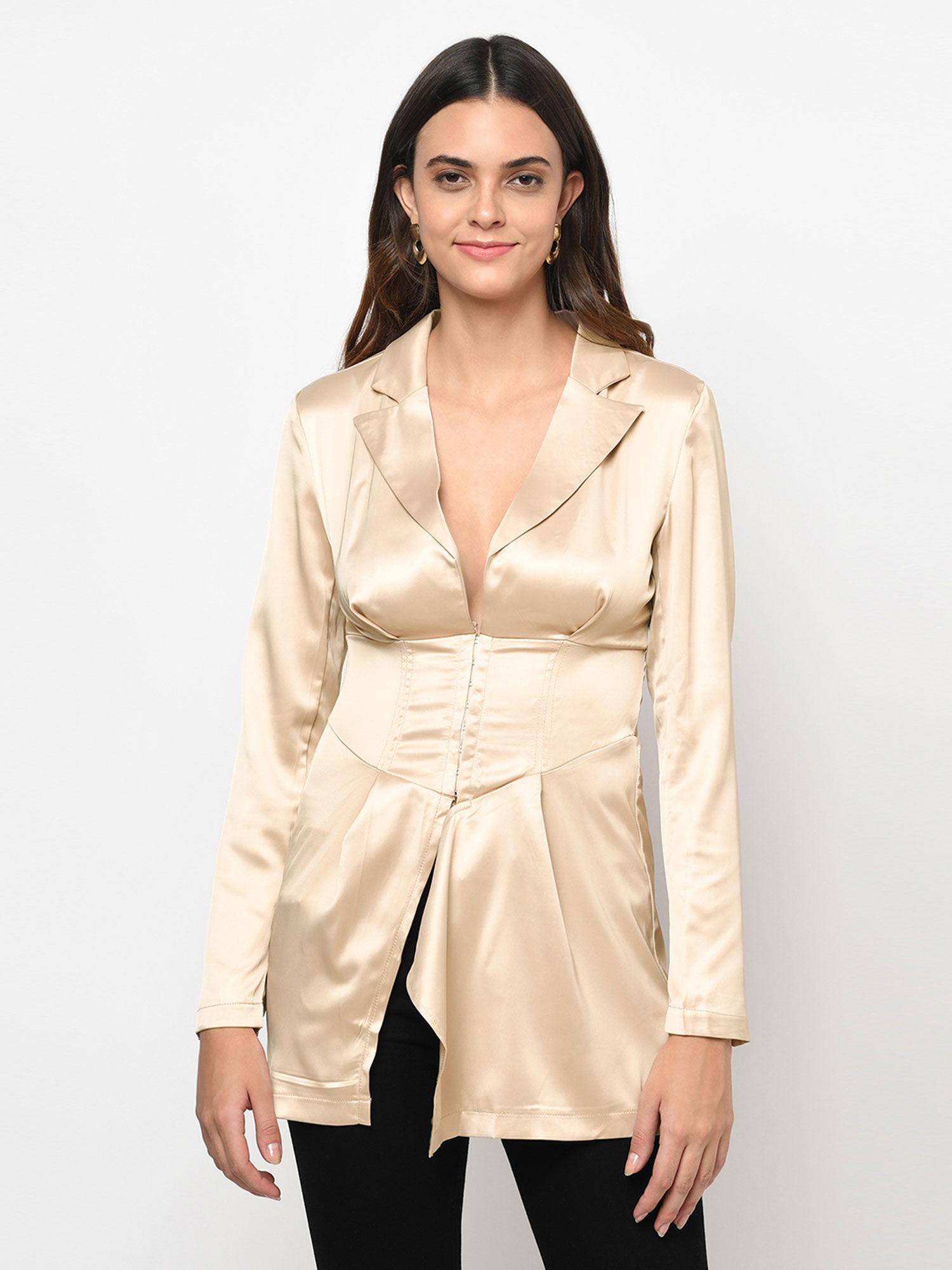 nude satin plunging neck waisted shirt