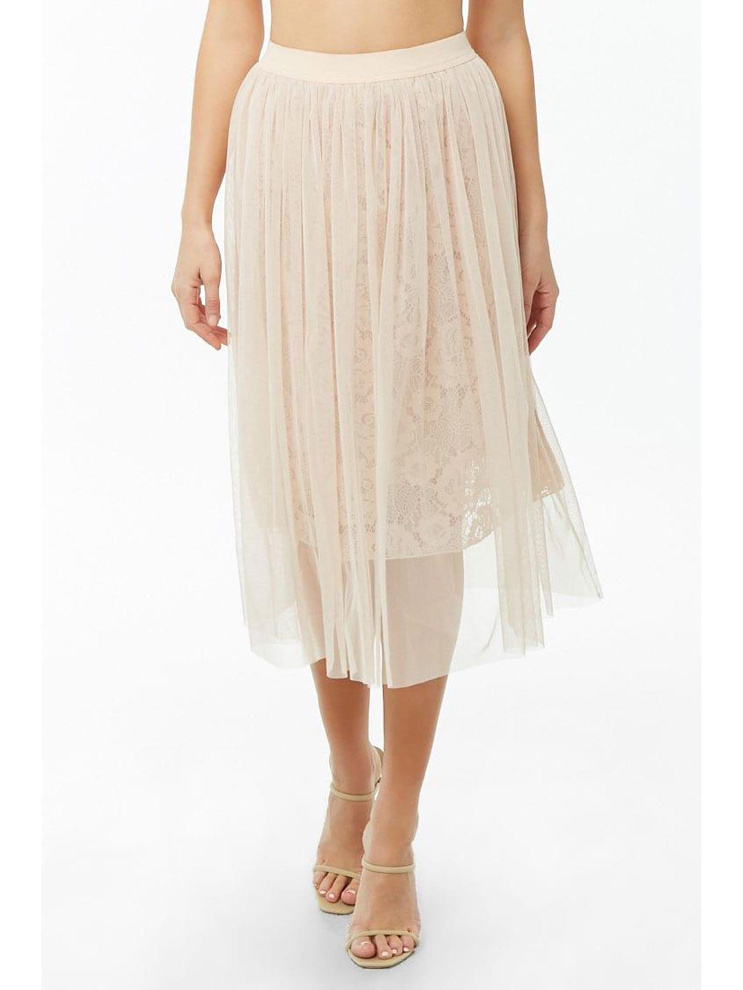 nude sheer mesh embroidered-lace midi skirt