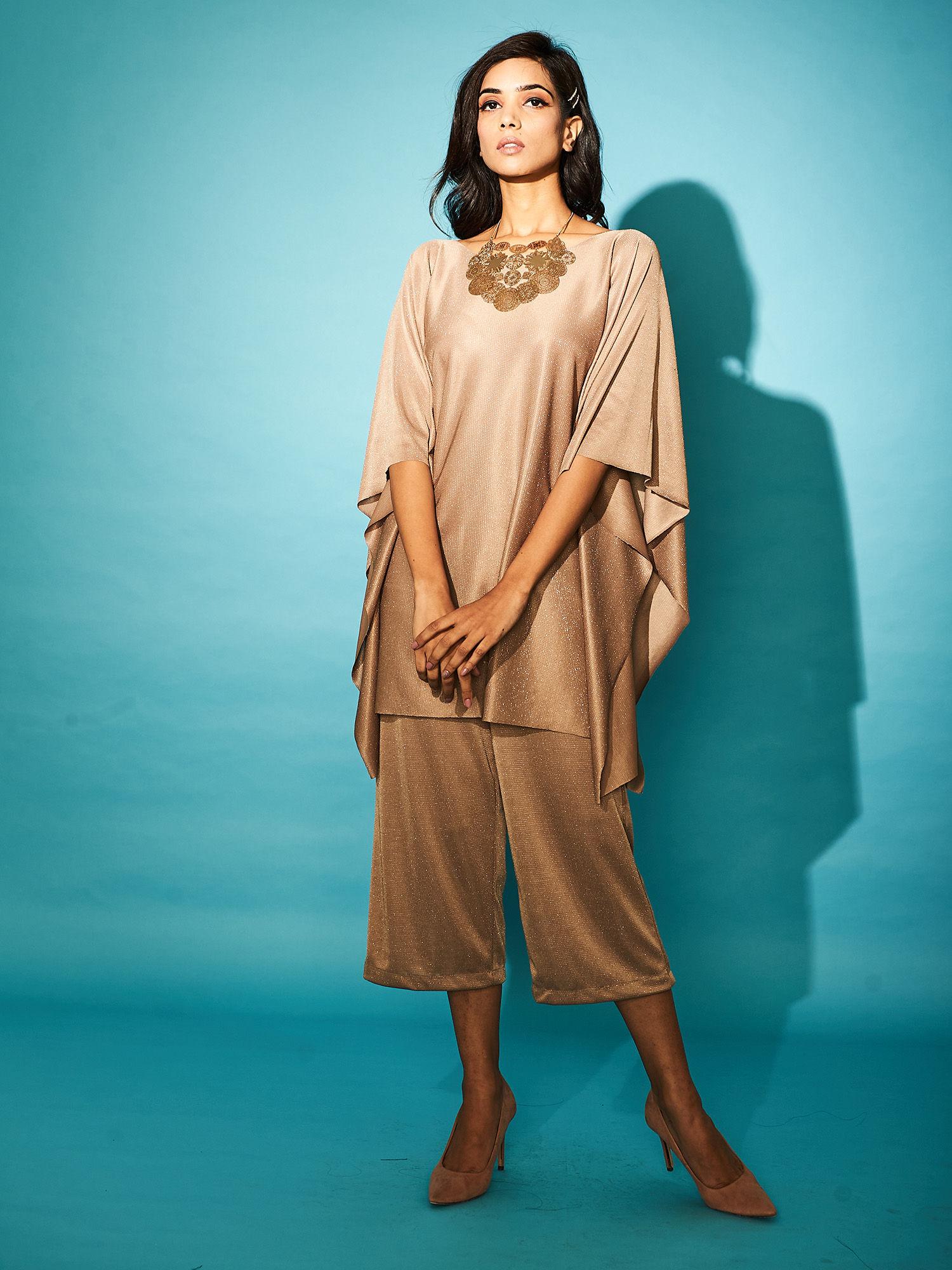 nude shimmer kaftan with culottes (set of 2)