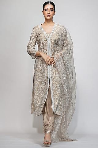 nude silk embroidered kurta set