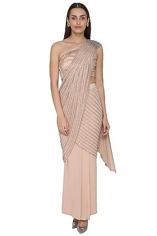 nude silk georgette metallic bead embellished draped saree set