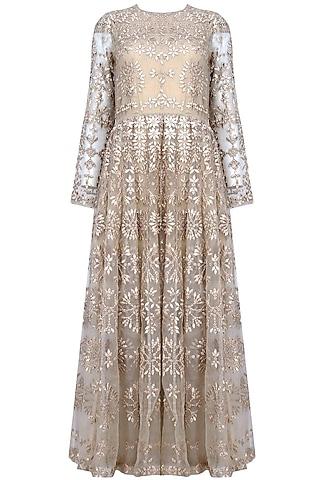 nude tonal floral thread and sequins embroidered valentine dress