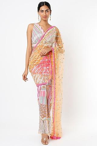 nude tulle acrylic & sequins embellished pre-stitched saree set