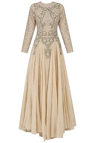 nude zari embroidered flared gown