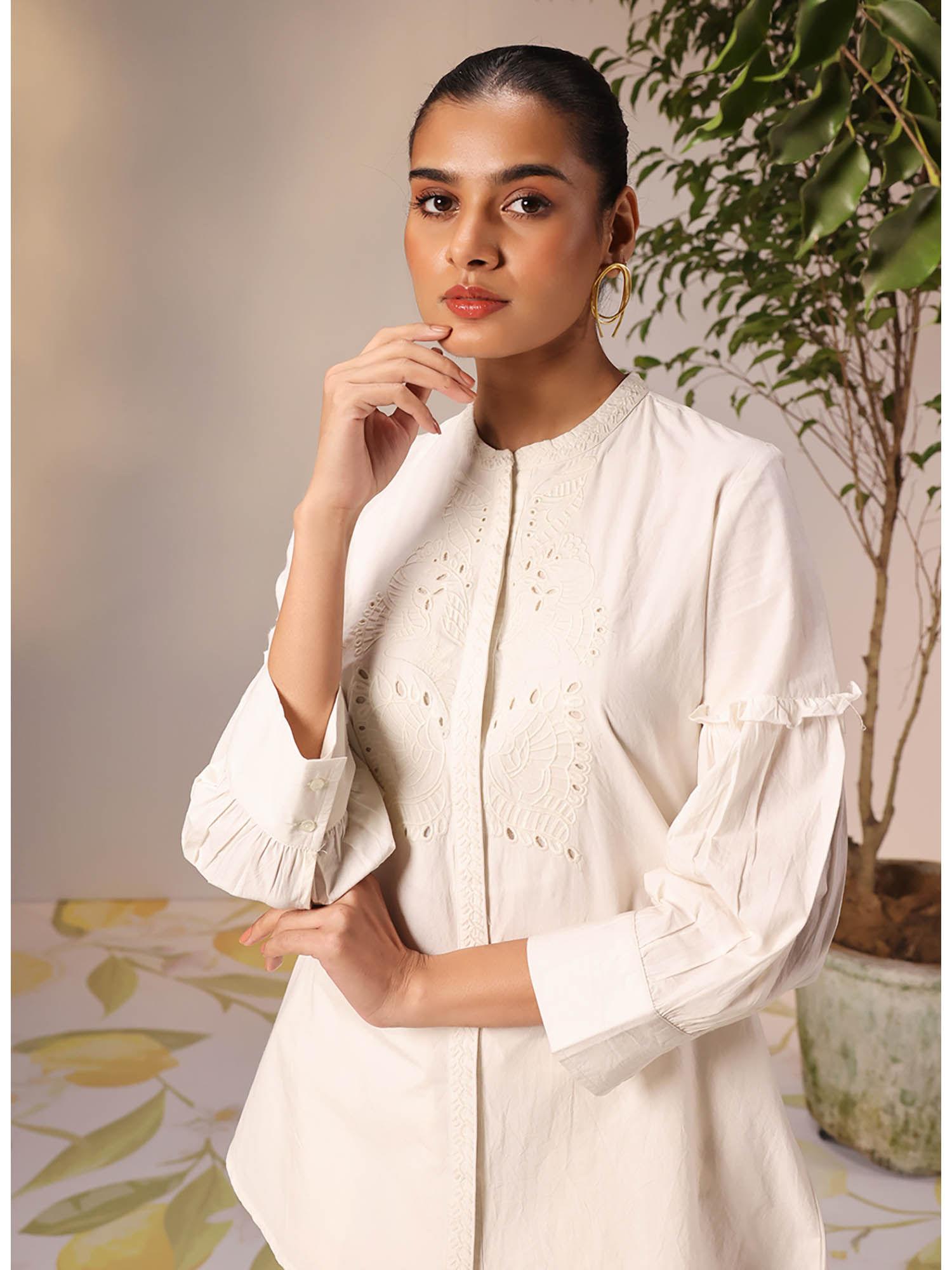 nudrat ivory embroidered cotton long shirt for women