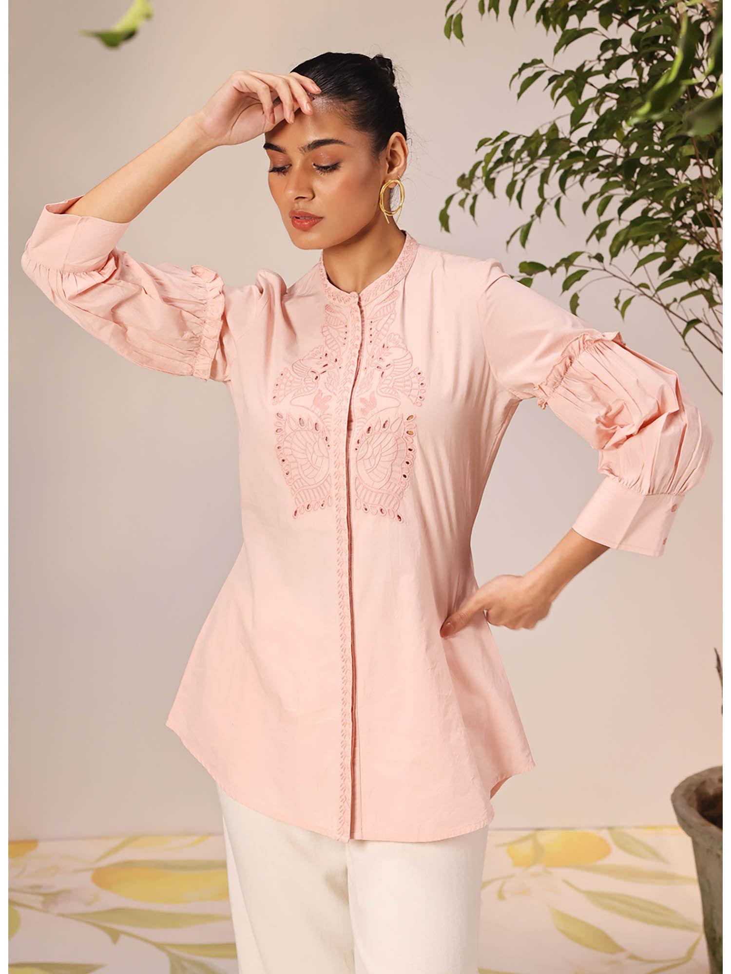 nudrat light pink embroidered cotton long shirt for women