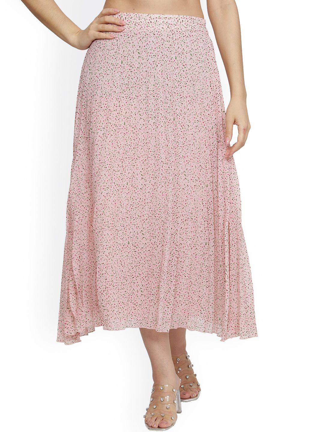 nuevosdamas women pink & green floral print pleated midi skirt