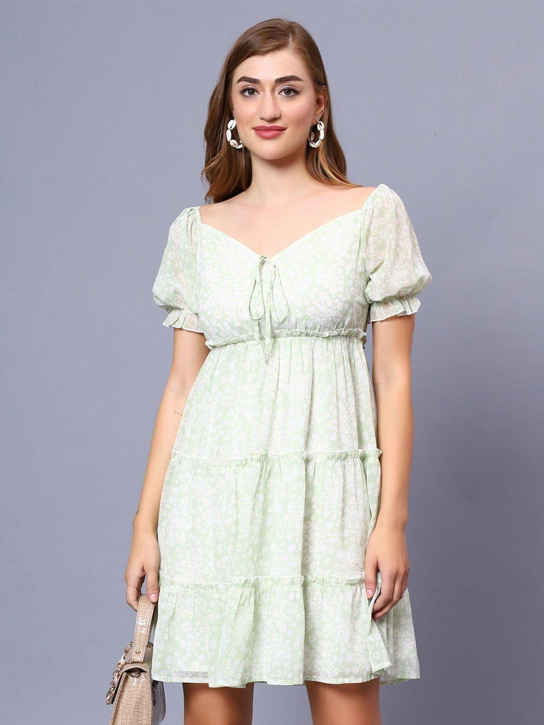 nuevosdamas floral printed sweetheart neck puff sleeves tiered georgette empire dress