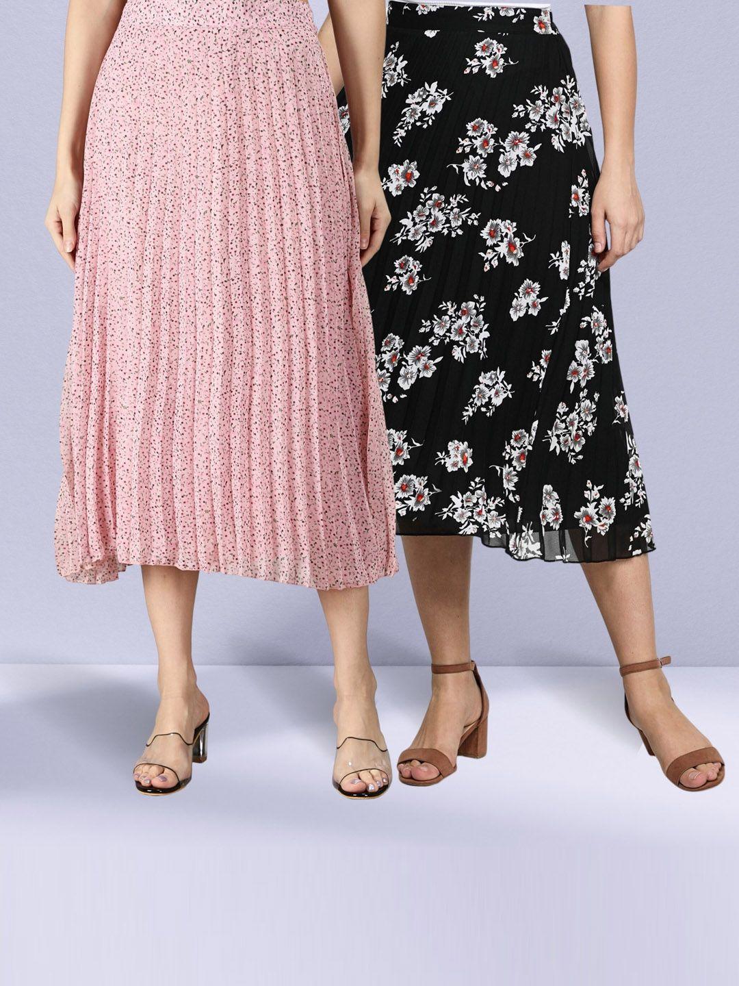 nuevosdamas pack of 2 floral printed georgette midi skirts