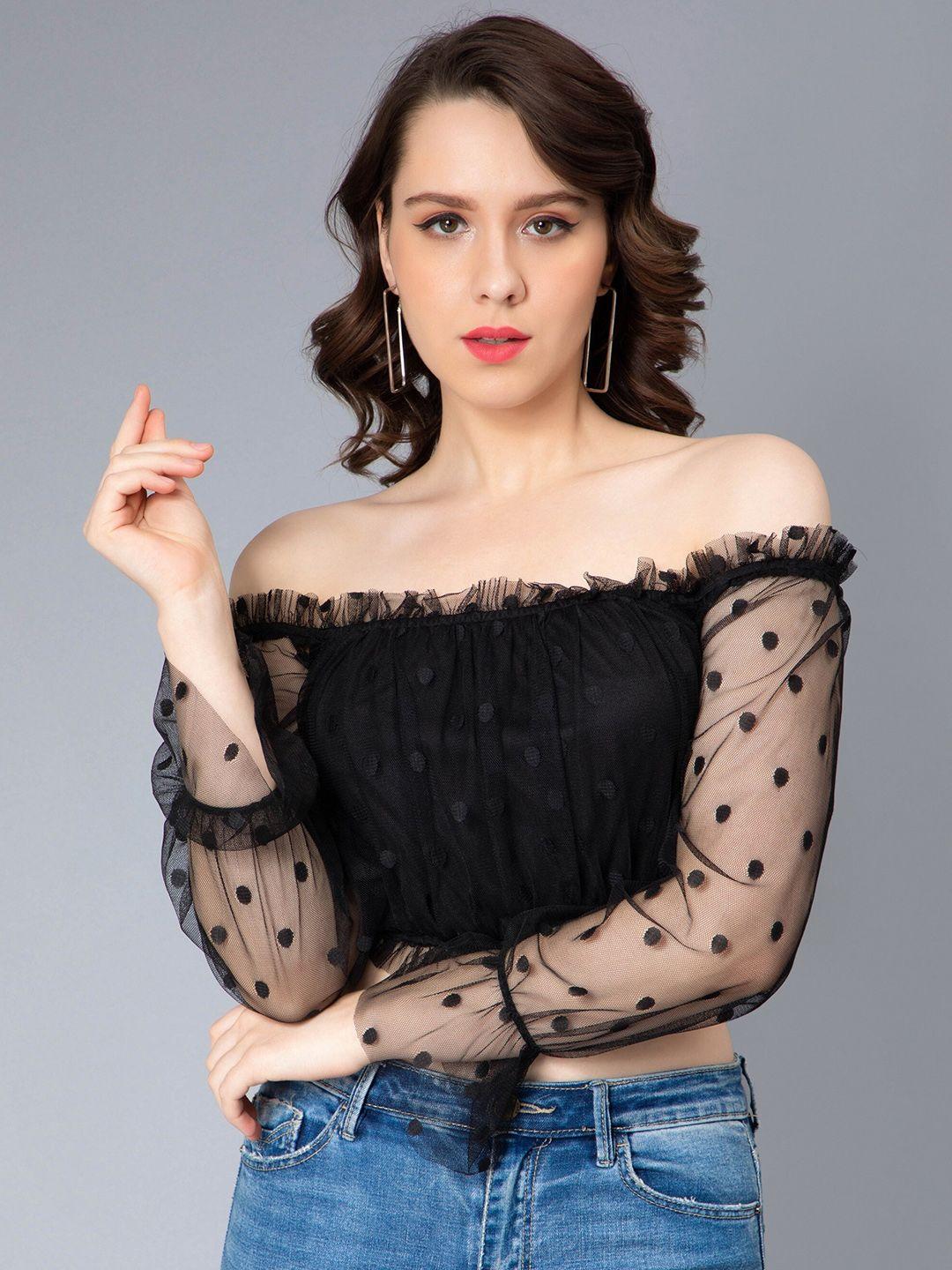 nuevosdamas self design off-shoulder georgette bardot crop top