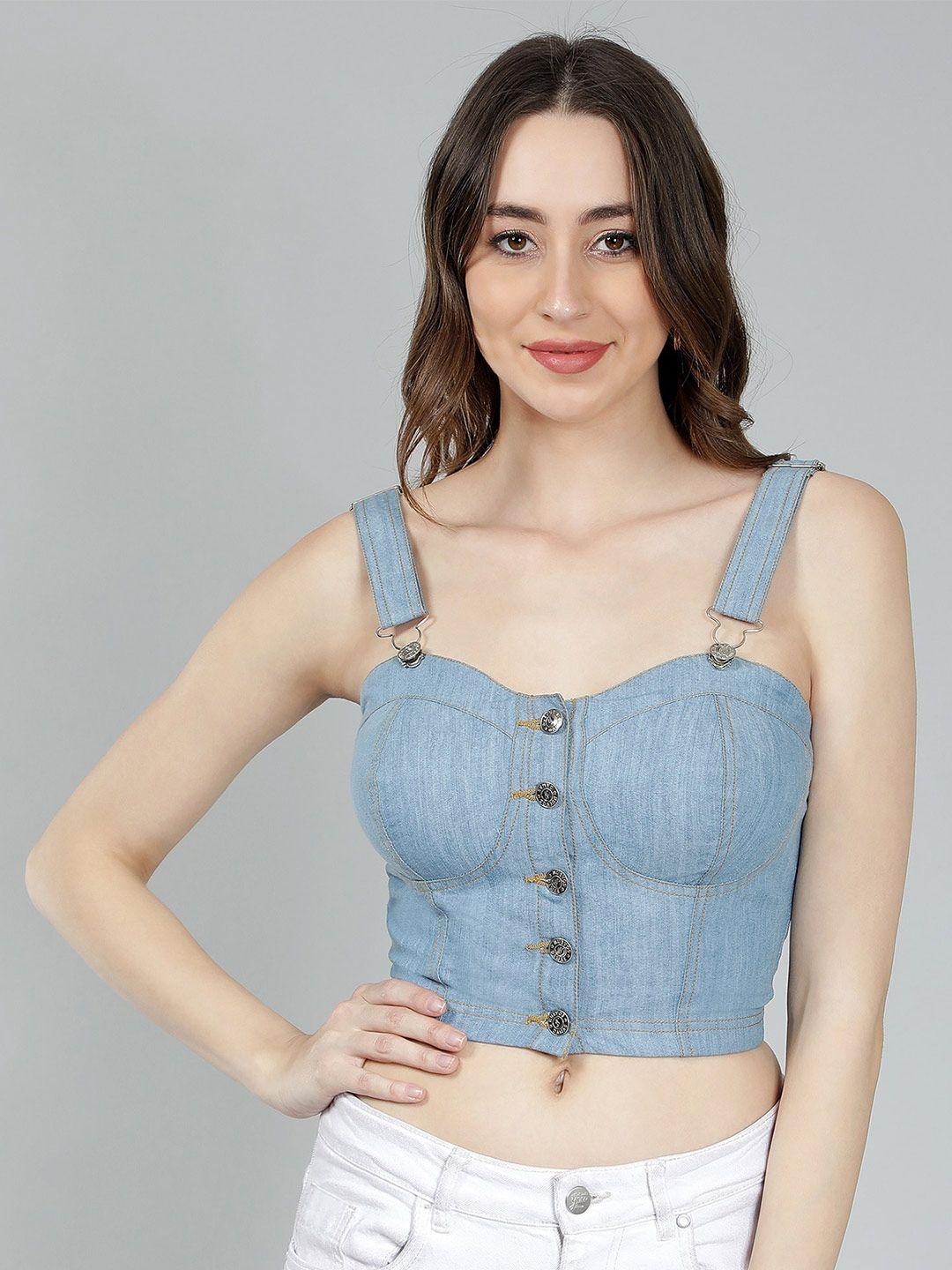 nuevosdamas shoulder strap denim bralette crop top