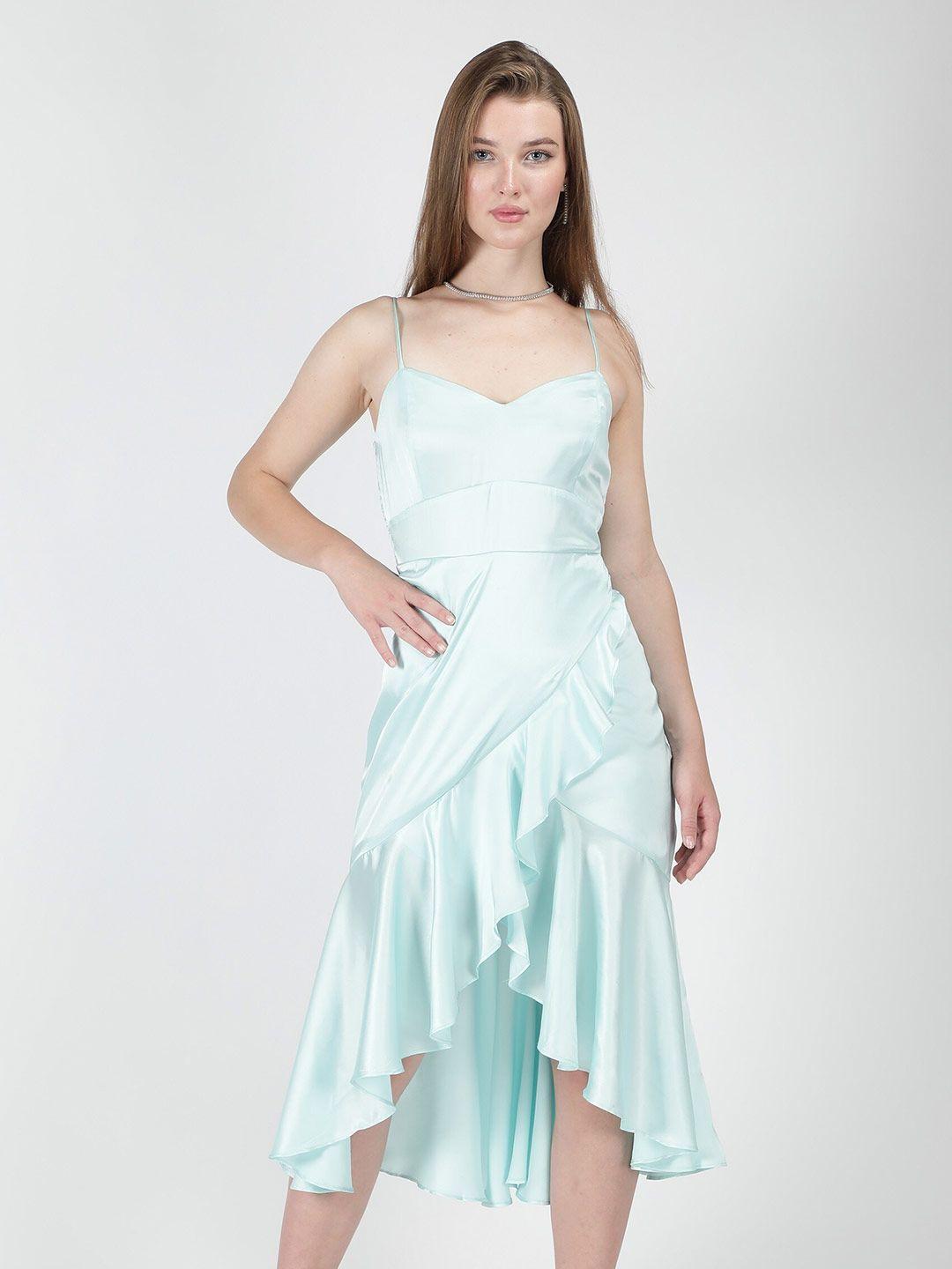 nuevosdamas shoulder straps ruffled smocked satin wrap midi dress