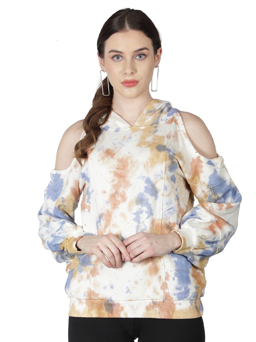 nuevosdamas women beige & blue abstract printed cold shoulder cotton hooded sweatshirt