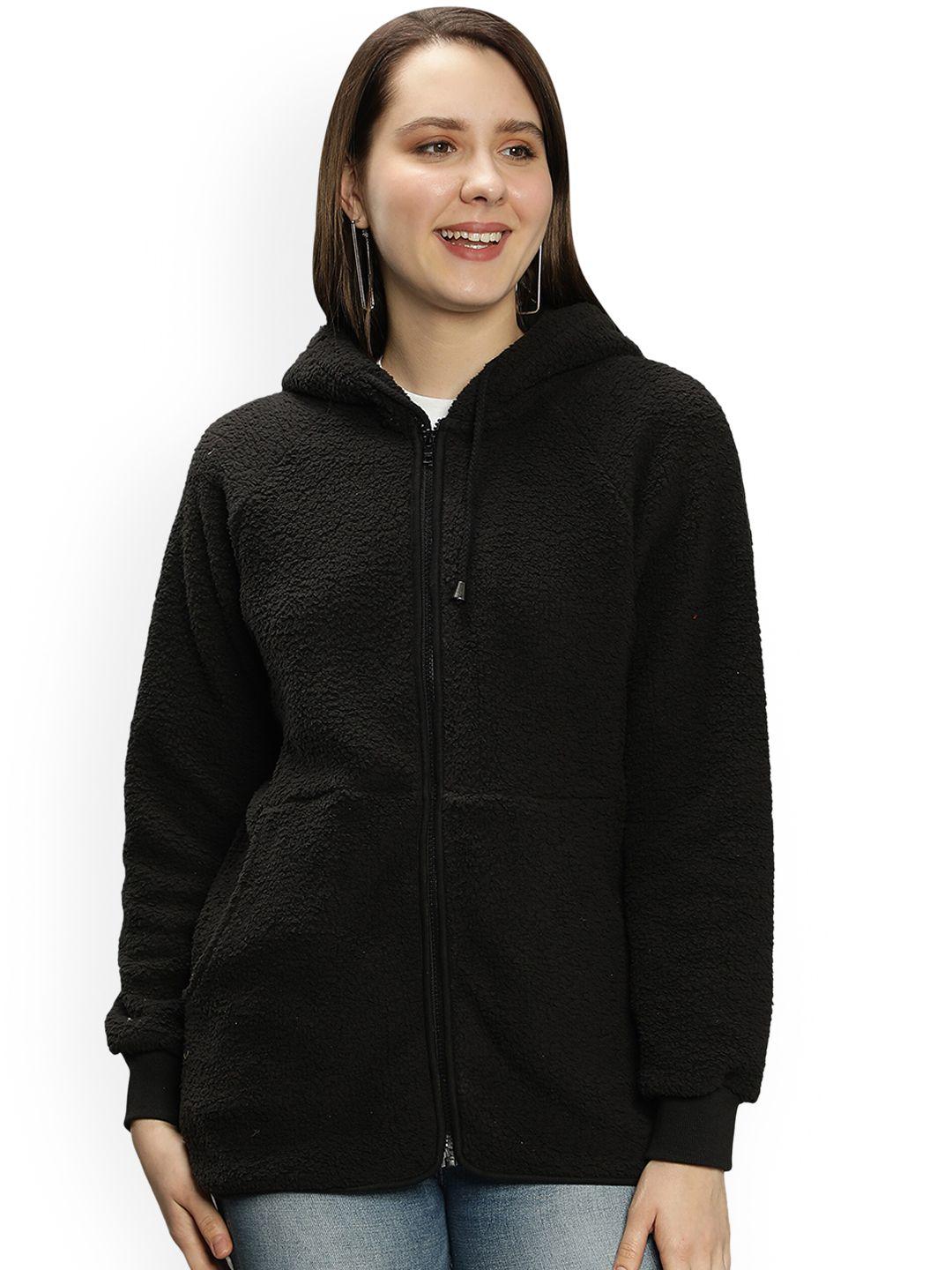 nuevosdamas women black fleece hooded tailored jacket