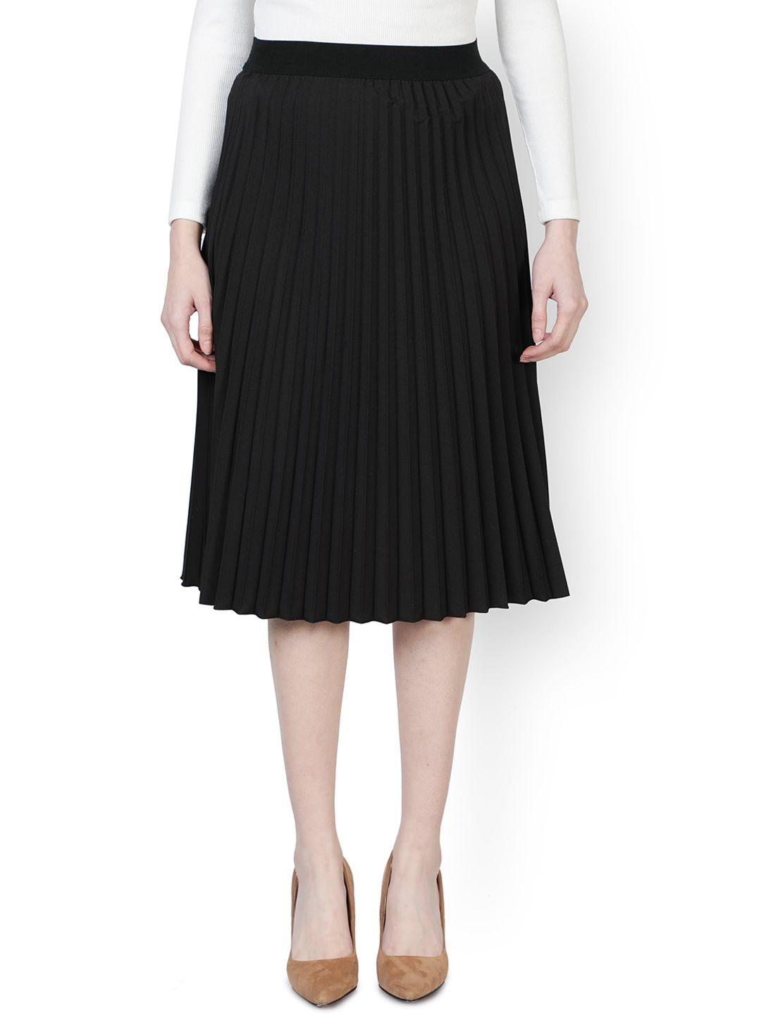 nuevosdamas women black solid knee length pleated skirts