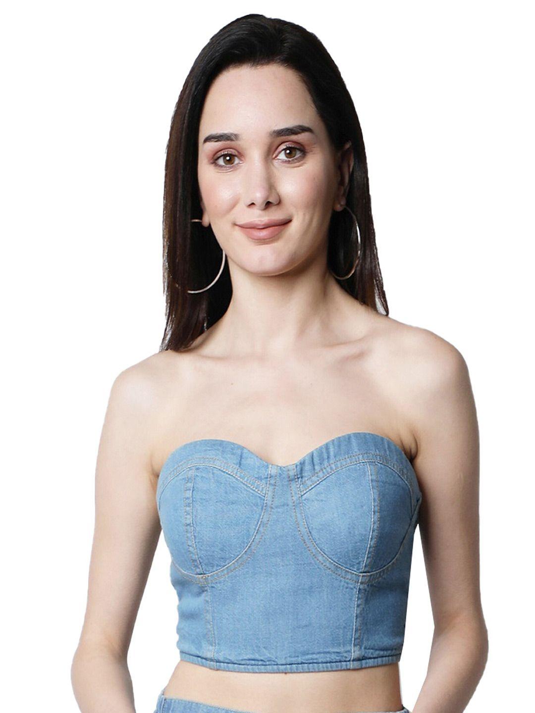 nuevosdamas women blue denim tube crop top