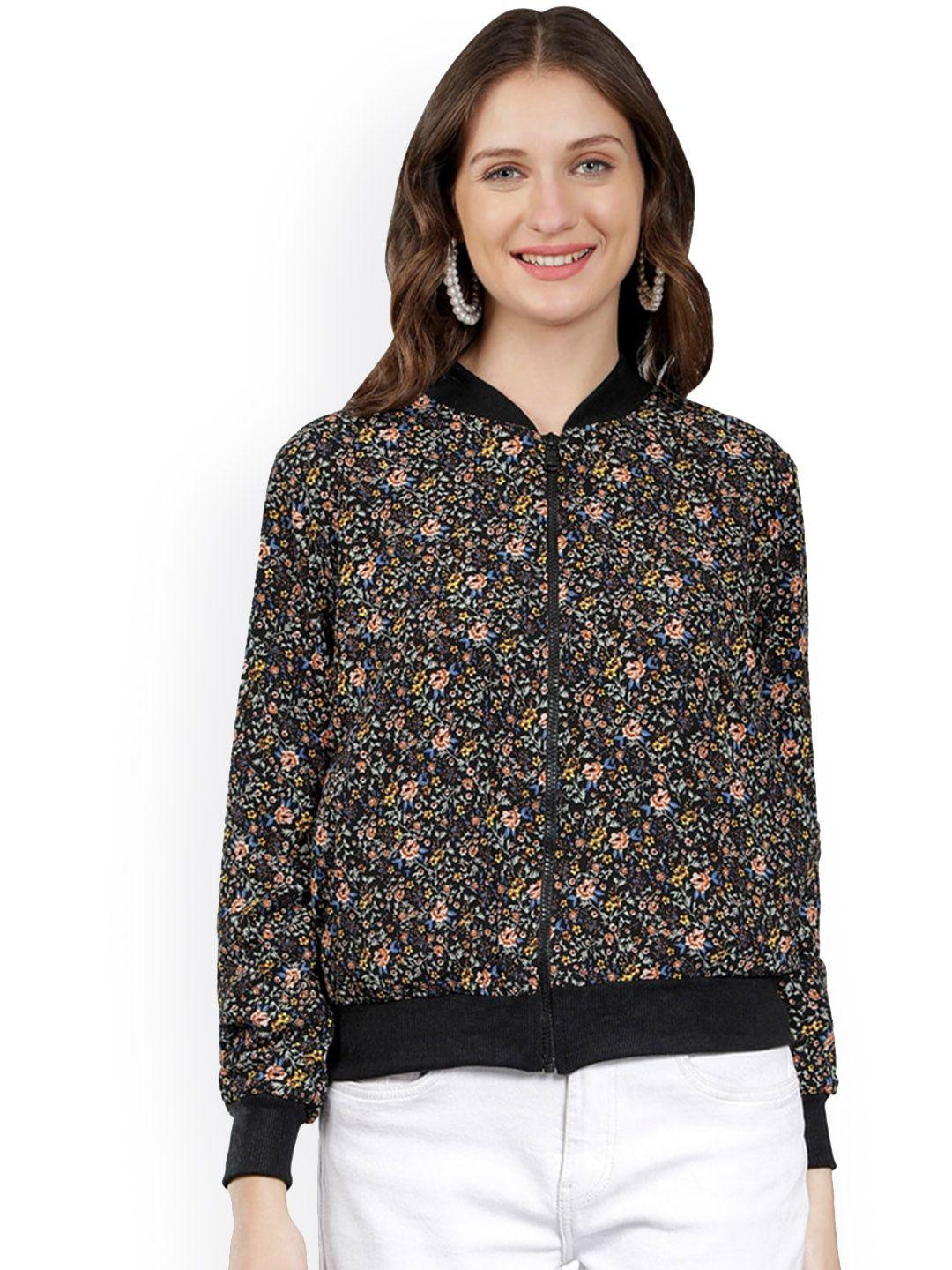 nuevosdamas women floral printed mandarin collar long sleeves bomber jacket