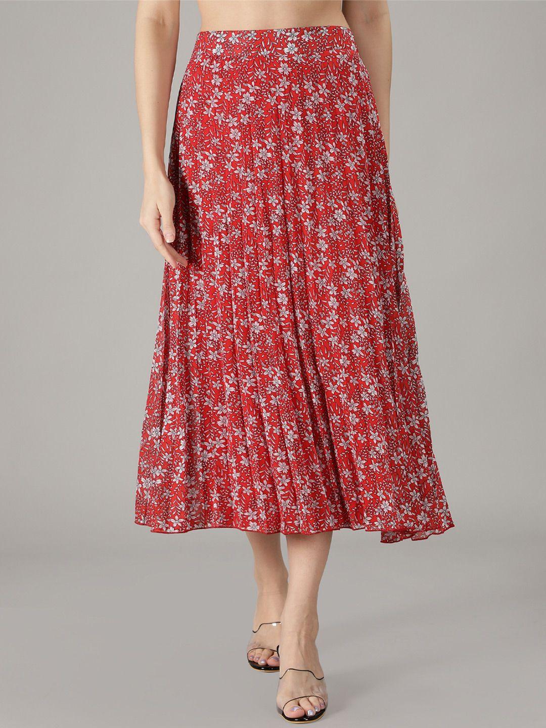 nuevosdamas women red & white floral printed a-line knee-length skirts