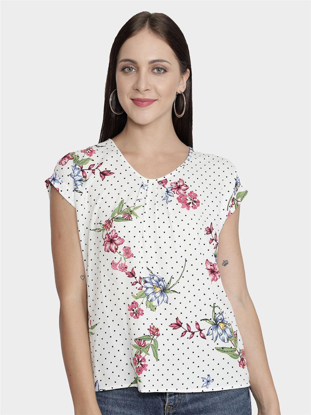 nuevosdamas women white & pink floral print extended sleeves crepe top
