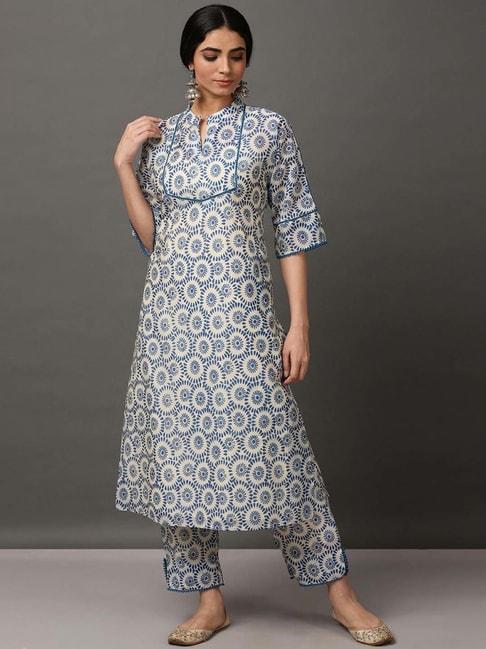 nuhh blue & white printed chanderi kurta & pant