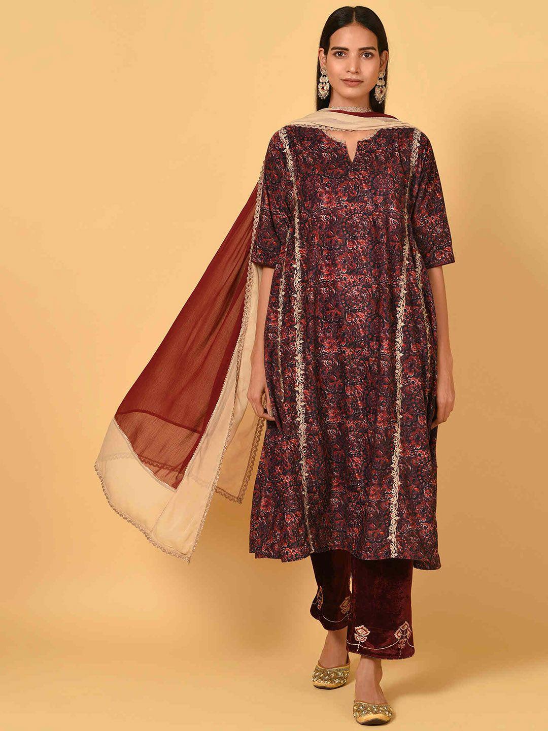 nuhh ethnic motifs printed velvet kurta & trousers with dupatta