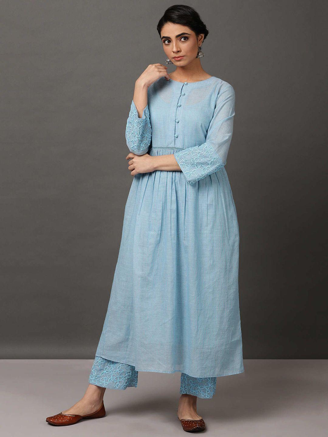nuhh striped empire thread work pure cotton kurta with trousers