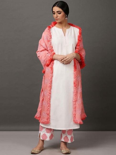 nuhh white art silk kurta with pant & dupatta