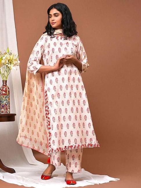 nuhh beige romance the floral kurta with pant and dupatta