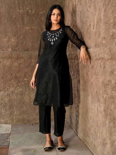 nuhh black jashn the classic ensemble kurta with pant & dupatta set