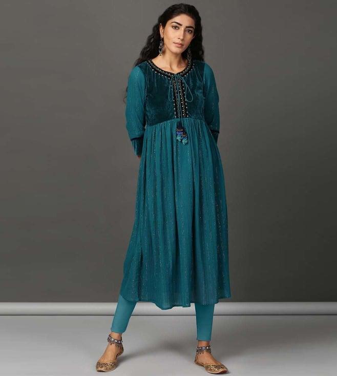 nuhh blue holiday flared crinkle kurta