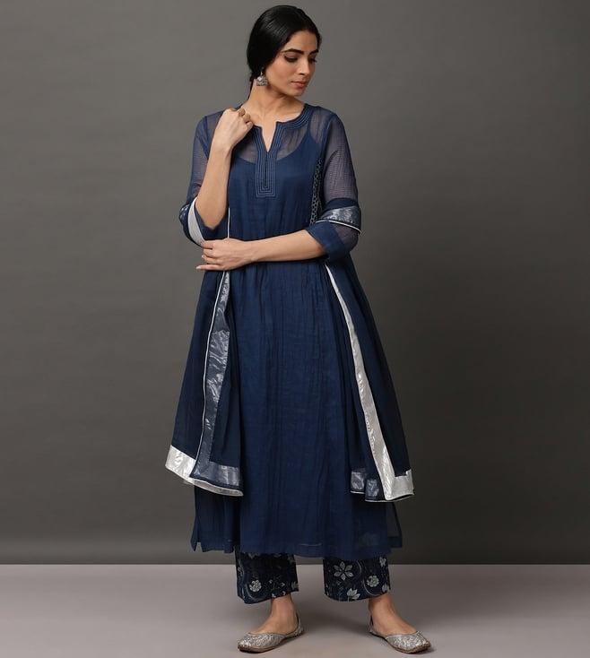 nuhh blue kalidaar kurta with cotton cami & pants