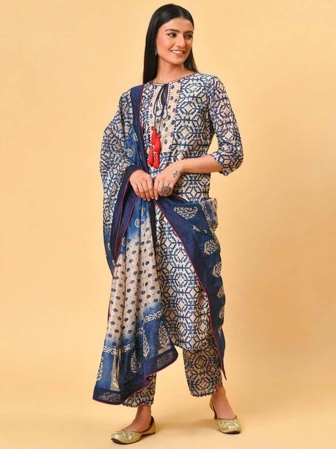 nuhh blue printed kurta with pant & dupatta