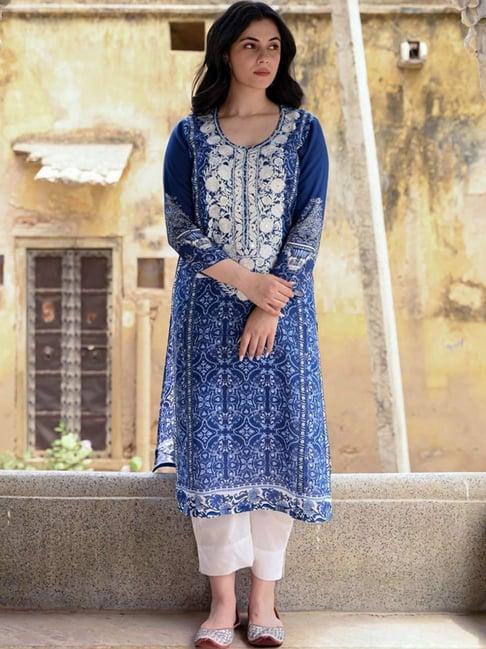 nuhh blue zahra moroccan printed pakistani kurta with pant and dupatta