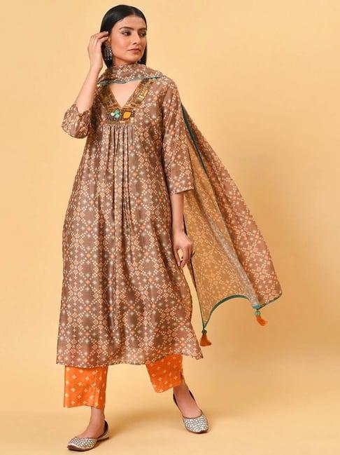 nuhh brown & orange printed kurta with pant & dupatta